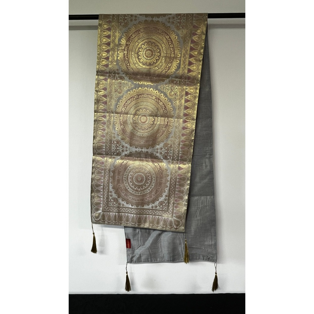 Banarsi Designs Gold Grey Mandala Brocade Silk Table Runner Tassels New 16"x72"